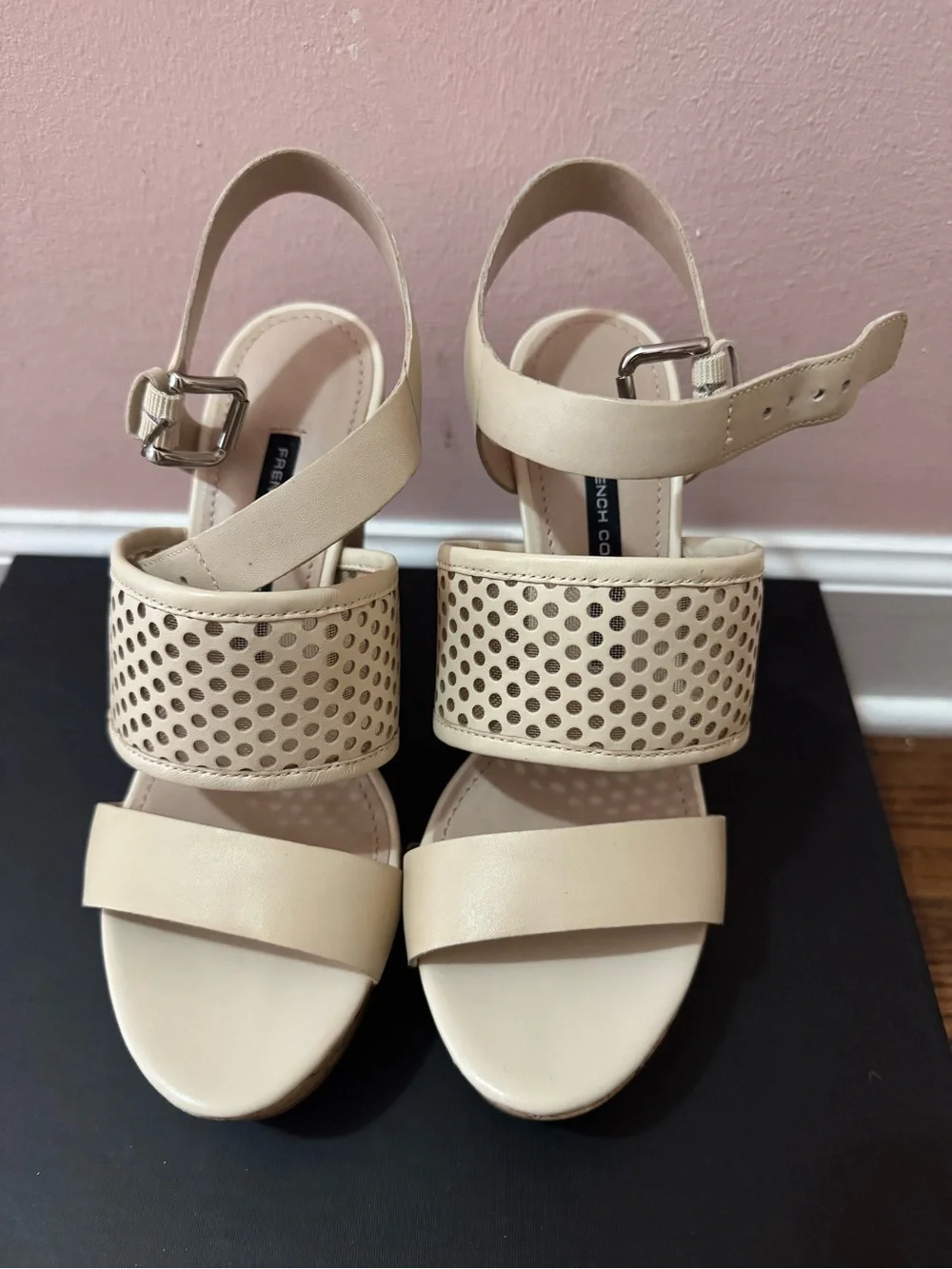 French Connection Cream Perforated Wedge Sandals